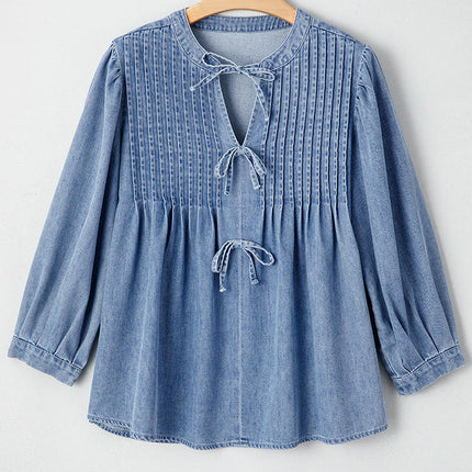 Women Bow Tie Front Denim Pullover Loose Fit Long Sleeve Babydoll Shirts Jean Tunic Top