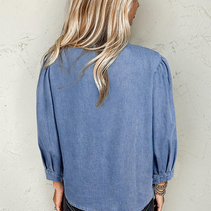 Women Bow Tie Front Denim Pullover Loose Fit Long Sleeve Babydoll Shirts Jean Tunic Top