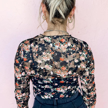 Women Floral Mesh Long Sleeve Tops Mock Neck See Through Fitted Sexy Going Out Tops