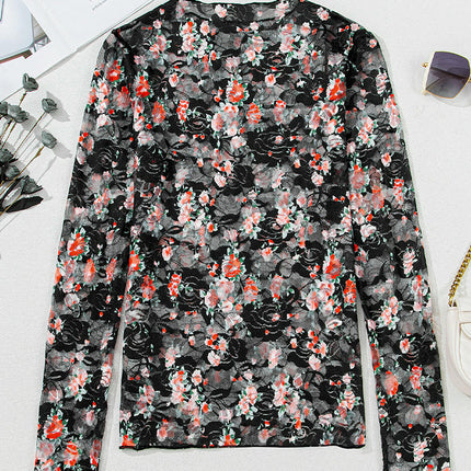 Women Floral Mesh Long Sleeve Tops Mock Neck See Through Fitted Sexy Going Out Tops