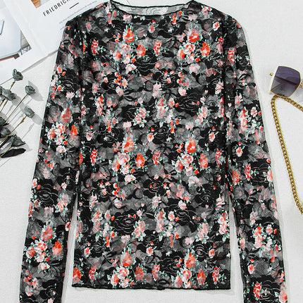 Women Floral Mesh Long Sleeve Tops Mock Neck See Through Fitted Sexy Going Out Tops