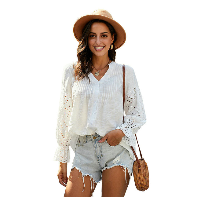 Women Puff Long Sleeve Shirts Button Down V Neck Casual Tops