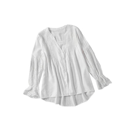 Women Puff Long Sleeve Shirts Button Down V Neck Casual Tops