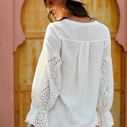 Women Puff Long Sleeve Shirts Button Down V Neck Casual Tops