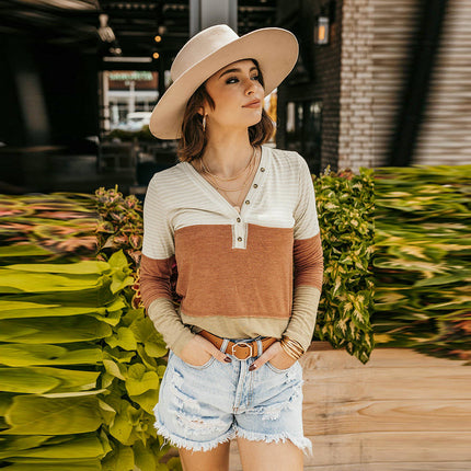 Women's Long Sleeve Button V Neck T Shirts Casual Color Block Henley Tops