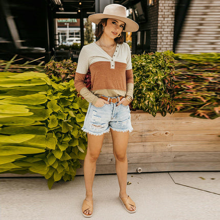 Women's Long Sleeve Button V Neck T Shirts Casual Color Block Henley Tops