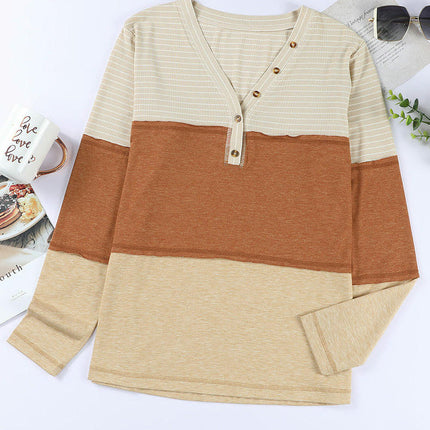 Women's Long Sleeve Button V Neck T Shirts Casual Color Block Henley Tops