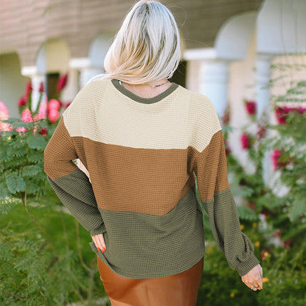 Women's Waffle Knit Tunic Tops Loose Long Sleeve Crew Neck Color Block T Shirts
