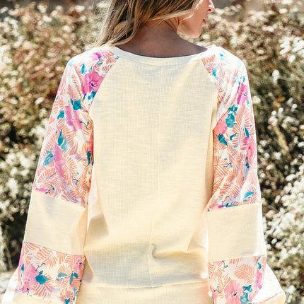 Womens Fashion Floral Patchwork Long Sleeve Crewneck Casual Loose Tops