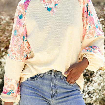 Womens Fashion Floral Patchwork Long Sleeve Crewneck Casual Loose Tops
