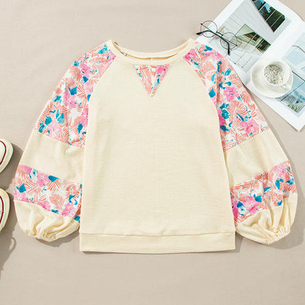 Womens Fashion Floral Patchwork Long Sleeve Crewneck Casual Loose Tops
