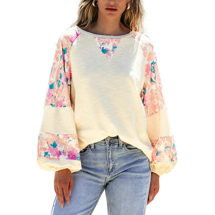 Womens Fashion Floral Patchwork Long Sleeve Crewneck Casual Loose Tops