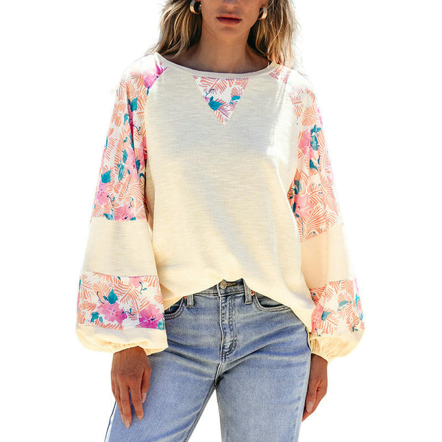 Womens Fashion Floral Patchwork Long Sleeve Crewneck Casual Loose Tops
