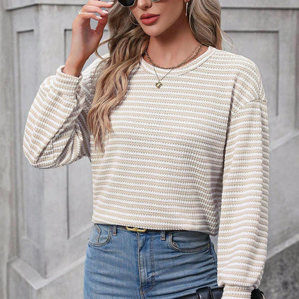 Women's Long Sleeve T Shirts Color Block Crewneck Casual Drop Shoulder Tops