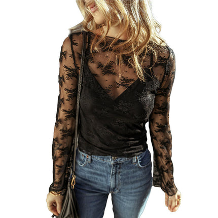 Lace Mesh Top for Women Long Sleeve Crew Neck Sheer Blouse See Through Floral Lace Tops