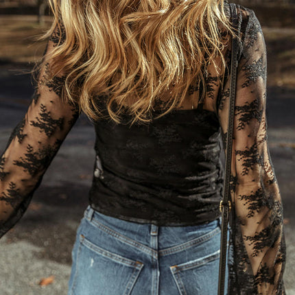Lace Mesh Top for Women Long Sleeve Crew Neck Sheer Blouse See Through Floral Lace Tops