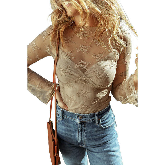 Lace Mesh Top for Women Long Sleeve Crew Neck Sheer Blouse See Through Floral Lace Tops