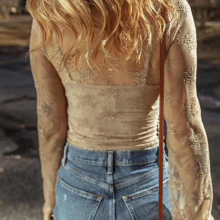 Lace Mesh Top for Women Long Sleeve Crew Neck Sheer Blouse See Through Floral Lace Tops