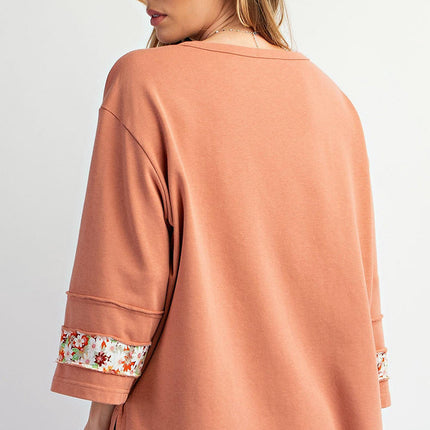Women's Crew Neck T-Shirts Patchwork Top Long Sleeve Casual Floral Tee