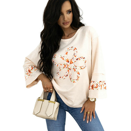 Women's Crew Neck T-Shirts Patchwork Top Long Sleeve Casual Floral Tee