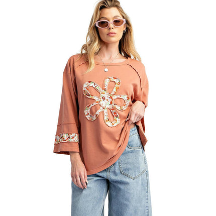 Women's Crew Neck T-Shirts Patchwork Top Long Sleeve Casual Floral Tee