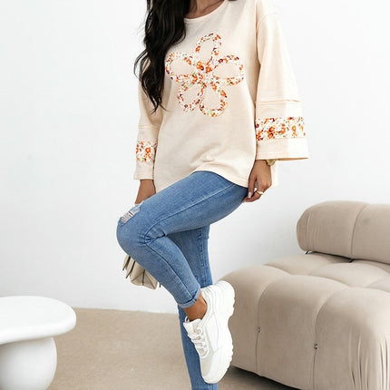 Women's Crew Neck T-Shirts Patchwork Top Long Sleeve Casual Floral Tee
