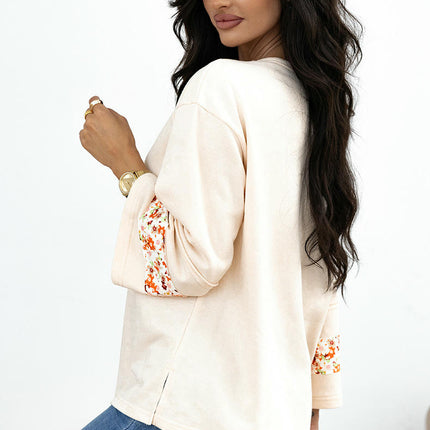 Women's Crew Neck T-Shirts Patchwork Top Long Sleeve Casual Floral Tee