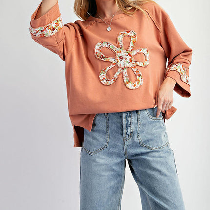 Women's Crew Neck T-Shirts Patchwork Top Long Sleeve Casual Floral Tee