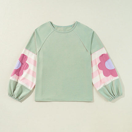 Women's Flower Patchwork Raglan Sleeve Top Long Sleeve Casual Floral T-Shirts