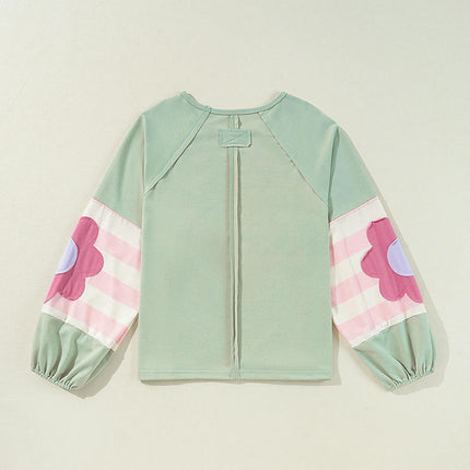 Women's Flower Patchwork Raglan Sleeve Top Long Sleeve Casual Floral T-Shirts