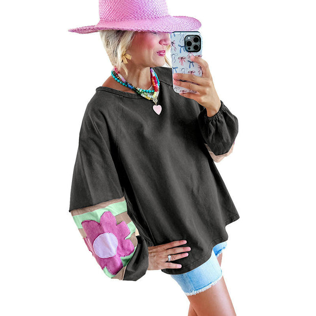 Women's Flower Patchwork Raglan Sleeve Top Long Sleeve Casual Floral T-Shirts