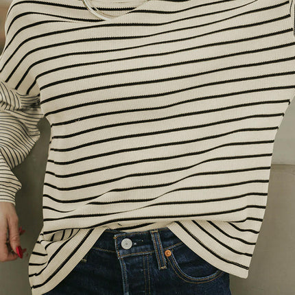 Womens Striped Crewneck T-Shirts Long Sleeve Color Block Casual Tops