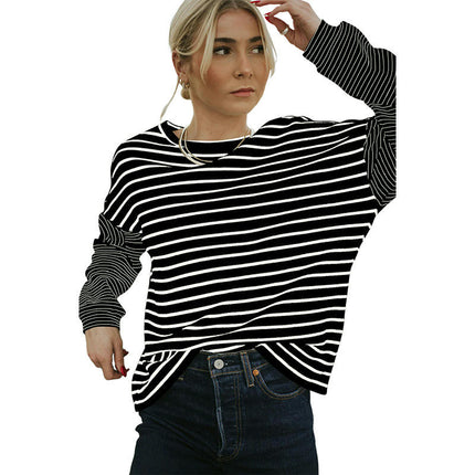 Womens Striped Crewneck T-Shirts Long Sleeve Color Block Casual Tops