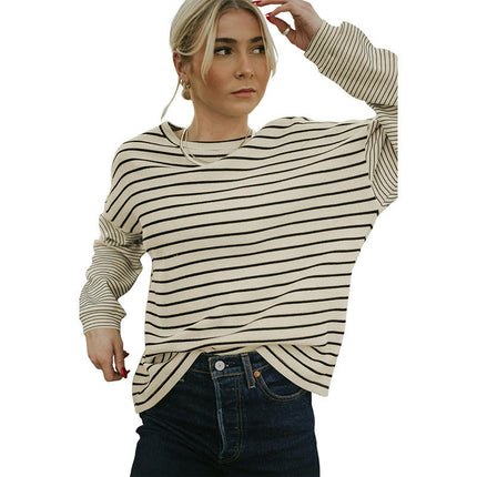 Womens Striped Crewneck T-Shirts Long Sleeve Color Block Casual Tops