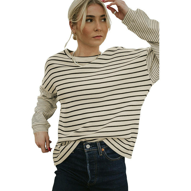Womens Striped Crewneck T-Shirts Long Sleeve Color Block Casual Tops