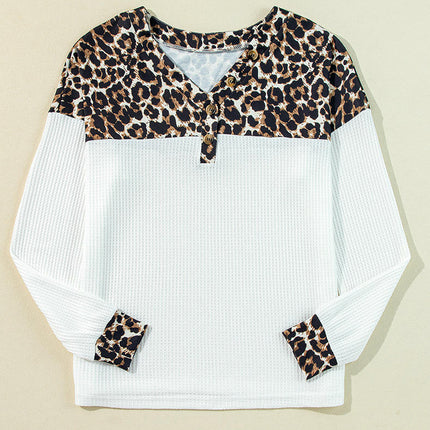 Women Long Sleeve T Shirts Button V Neck Leopard Print Casual Top