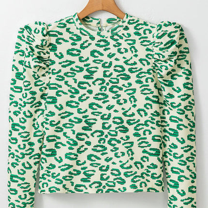 Women Puff Long Sleeve T Shirts Crew Neck Leopard Print Casual Top