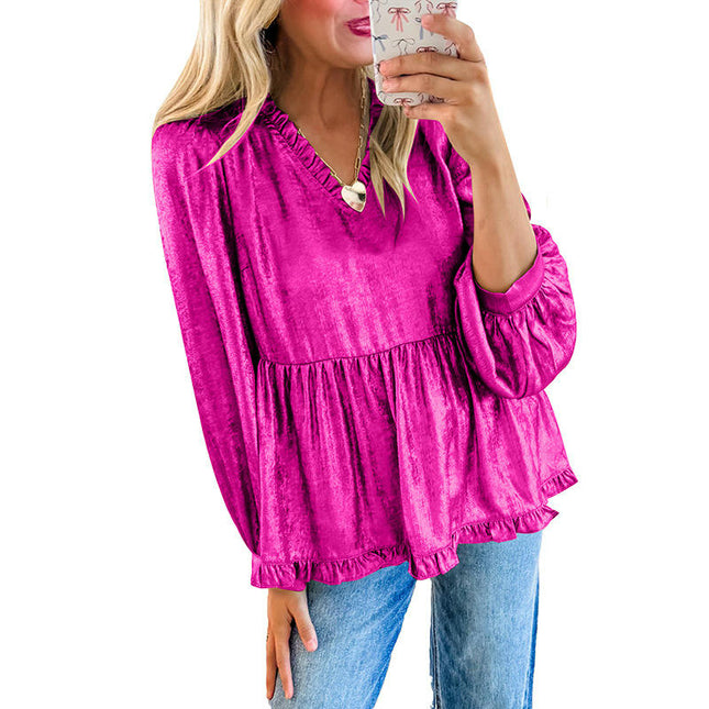 Womens V Neck Long Sleeve Shirts Ruffle Babydoll Tunic Top Flowy Casual Blouses