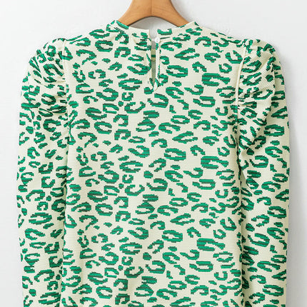 Women Puff Long Sleeve T Shirts Crew Neck Leopard Print Casual Top