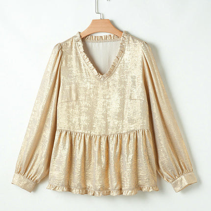 Womens V Neck Long Sleeve Shirts Ruffle Babydoll Tunic Top Flowy Casual Blouses