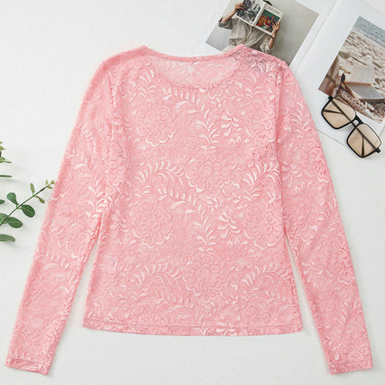 Women's Floral Lace Top Long Sleeve Crew See Through Mesh Blouse Shirt