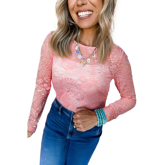 Women's Floral Lace Top Long Sleeve Crew See Through Mesh Blouse Shirt
