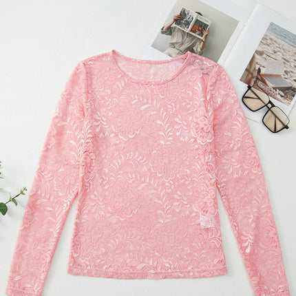 Women's Floral Lace Top Long Sleeve Crew See Through Mesh Blouse Shirt