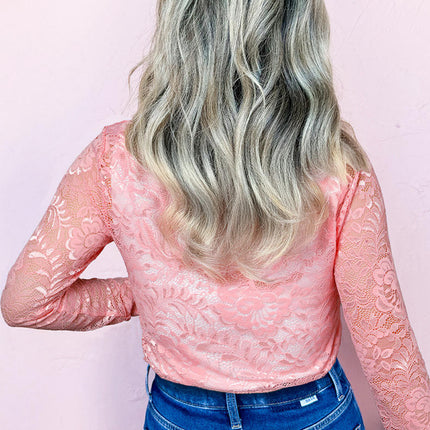 Women's Floral Lace Top Long Sleeve Crew See Through Mesh Blouse Shirt