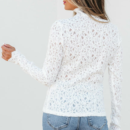 Women's Floral Lace Slim Fitted Top Mock Neck Long Sleeve Elegant T Shirt