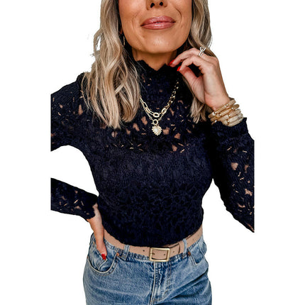 Women's Floral Lace Slim Fitted Top Mock Neck Long Sleeve Elegant T Shirt