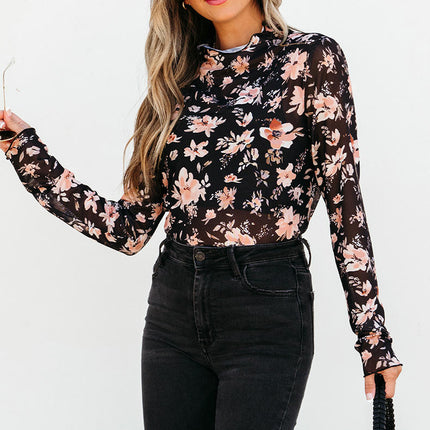 Womens Floral Mesh Top Mock Neck Long Sleeve Slim Fit See Through Shirt Blouses
