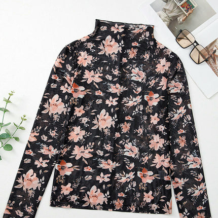 Womens Floral Mesh Top Mock Neck Long Sleeve Slim Fit See Through Shirt Blouses