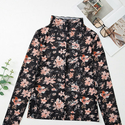 Womens Floral Mesh Top Mock Neck Long Sleeve Slim Fit See Through Shirt Blouses