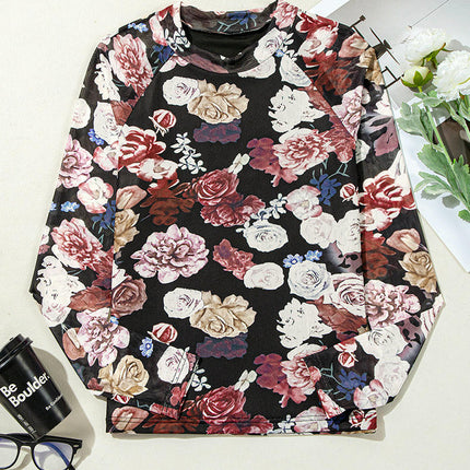 Womens Floral Mesh Long Sleeve Tops Sheer Sexy See Through Mock Neck Tee Shirts